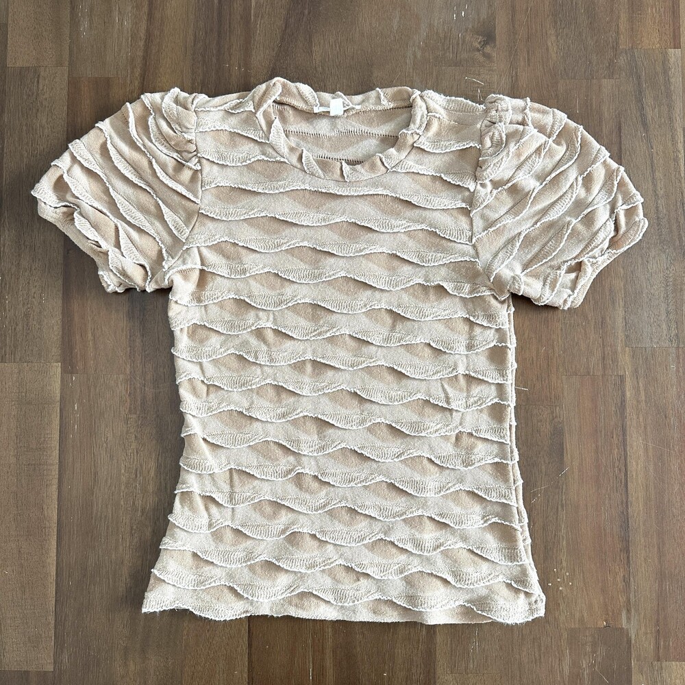 E&M Shirt Womens Small Wavy Textured Sheer Short Sleeve Stretch Lightweight